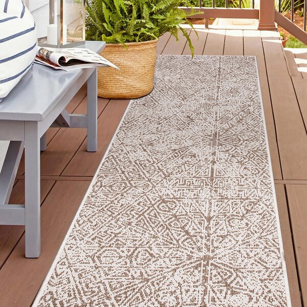 World Rug Gallery Contemporary Geometric Weather Resistant Indoor/Outdoor Runner Rug 2' x 7' Beige 4028BEIGE2X7 - main